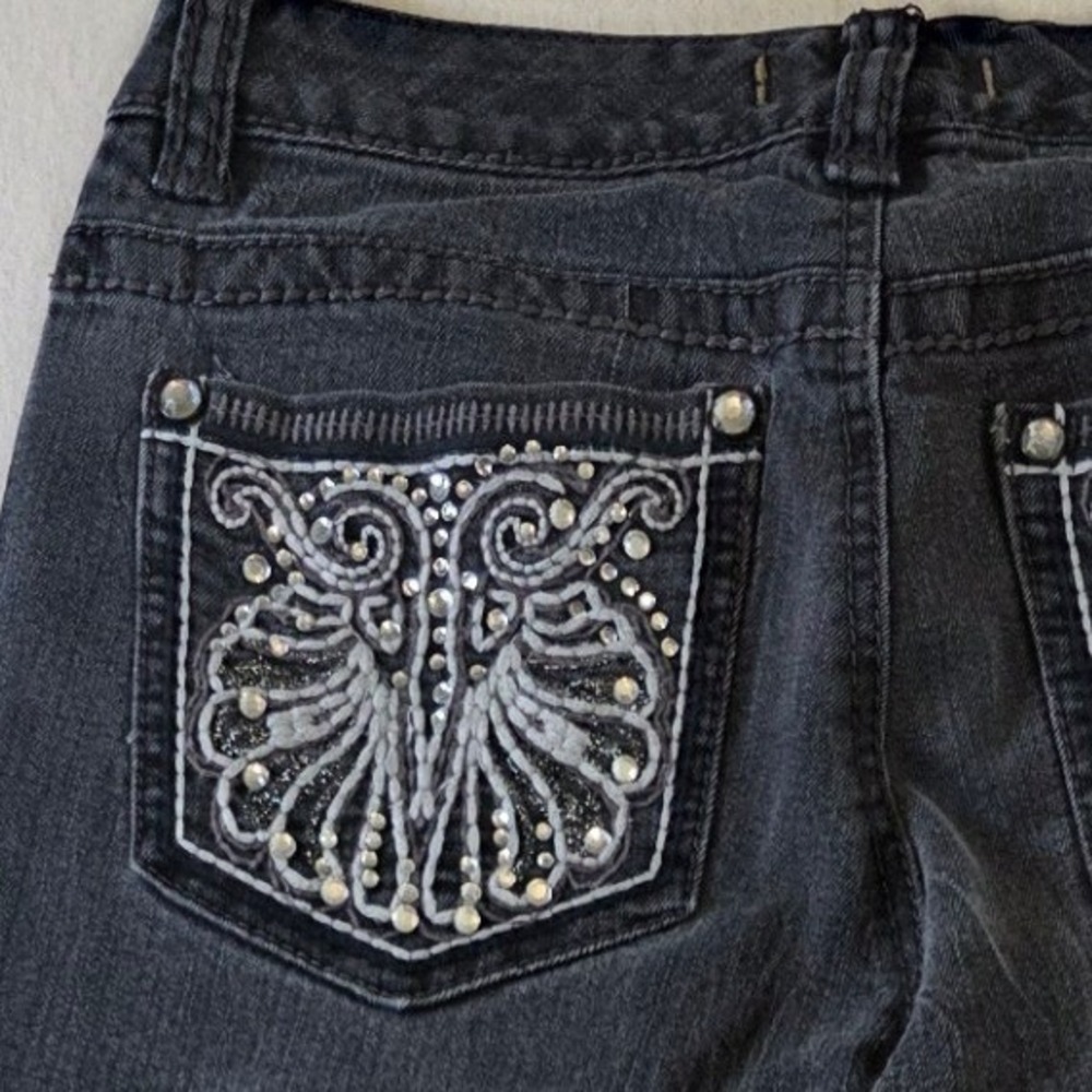 Nine West x Vintage America Black Bootcut Jeans Women's 2/26 Rhinestone Pocket